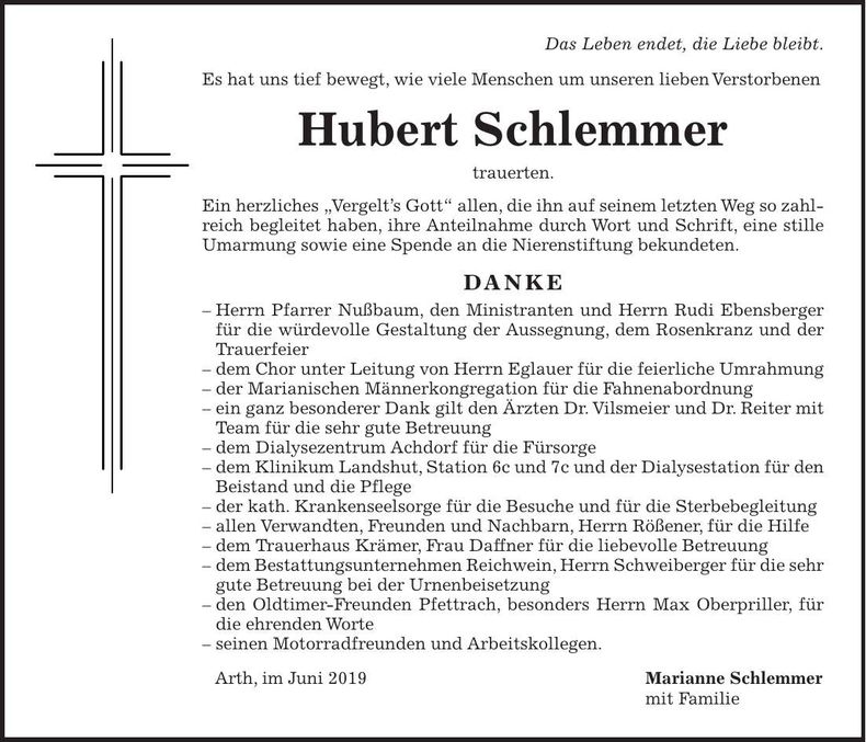Traueranzeige Hubert Schlemmer