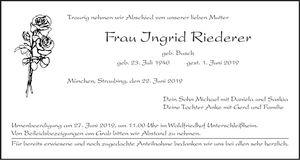 Traueranzeige Ingrid Riederer