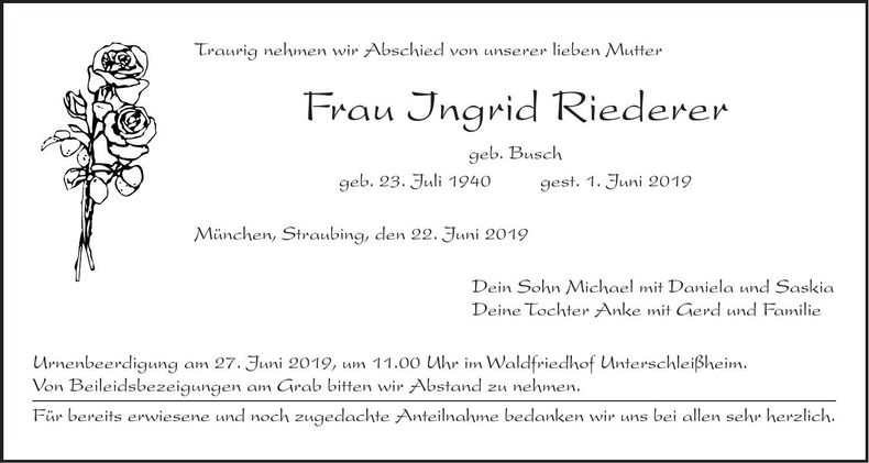 Traueranzeige Ingrid Riederer