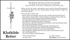 Traueranzeige Klothilde Reiter