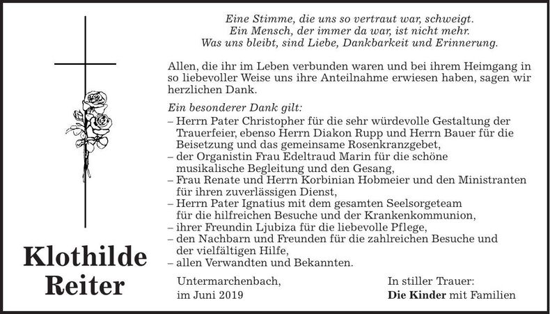 Traueranzeige Klothilde Reiter