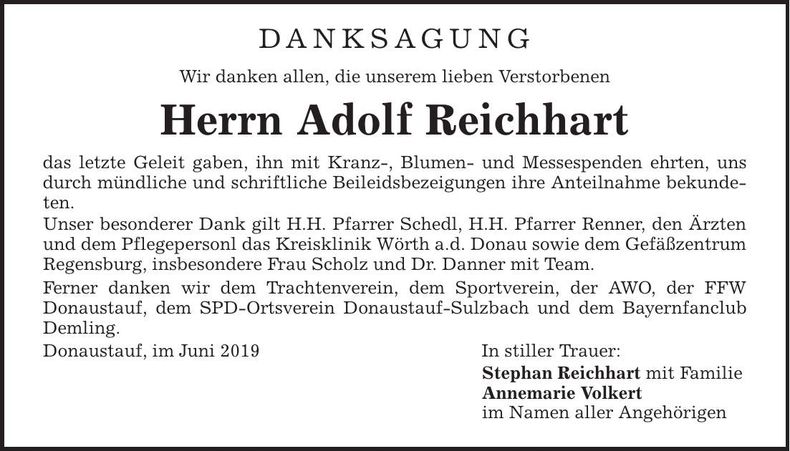 Traueranzeige Adolf Reichhart