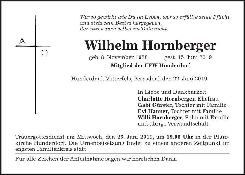 Traueranzeige Wilhelm Hornberger