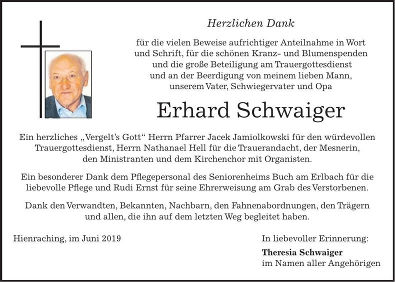 Traueranzeige Erhard Schwaiger