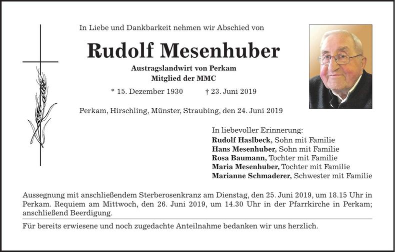 Traueranzeige Rudolf Mesenhuber