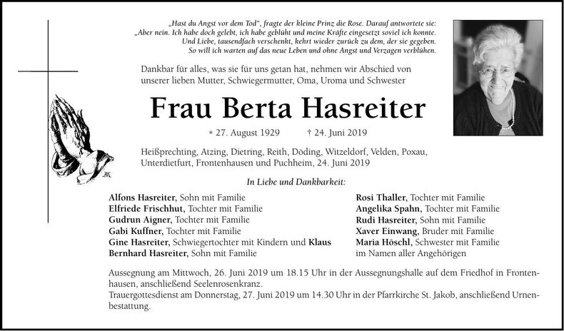 Traueranzeige Berta Hasreiter