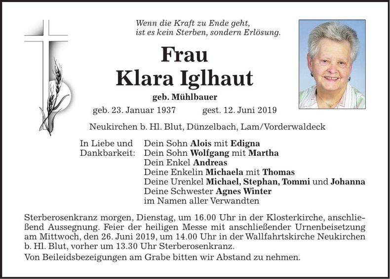 Traueranzeige Klara Iglhaut