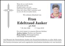 Traueranzeige Edeltraud Janker