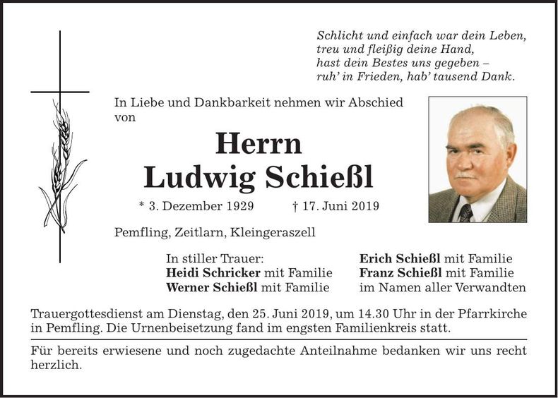 Traueranzeige Ludwig Schießl