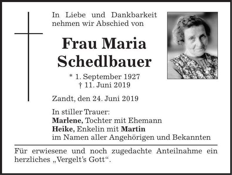 Traueranzeige Maria Schedlbauer