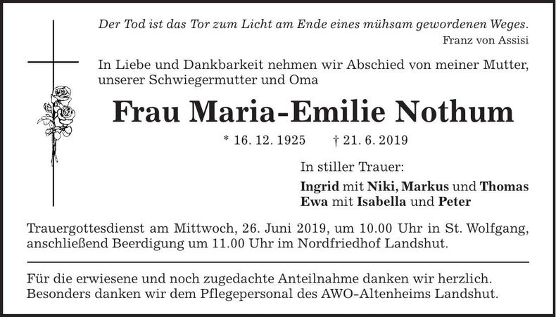 Traueranzeige Maria-Emilie Nothum