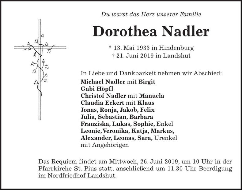 Traueranzeige Dorothea Nadler