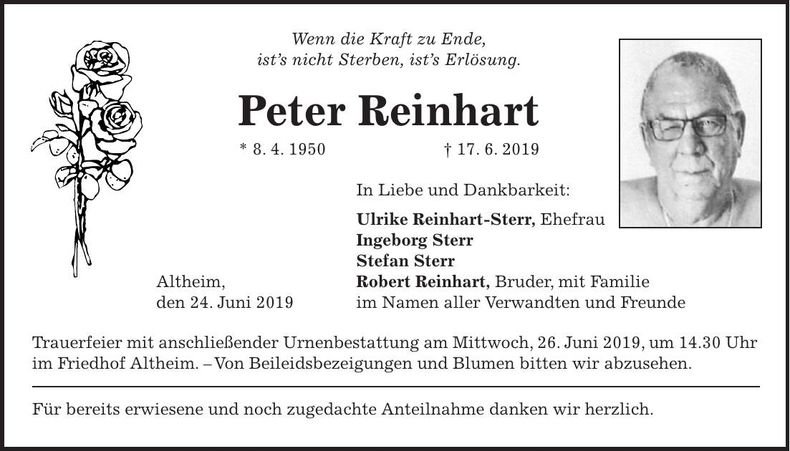 Traueranzeige Peter Reinhart