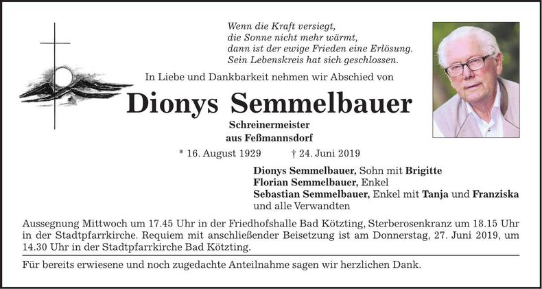Traueranzeige Dionys Semmelbauer