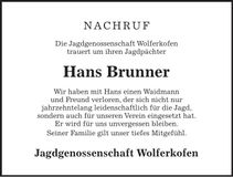 Traueranzeige Hans Brunner