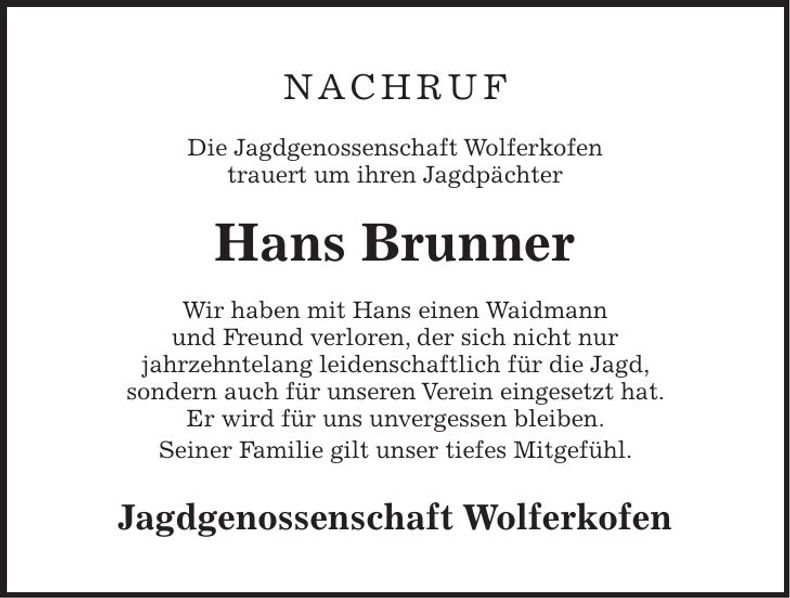 Traueranzeige Hans Brunner
