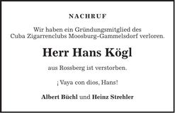 Traueranzeige Hans Kögl