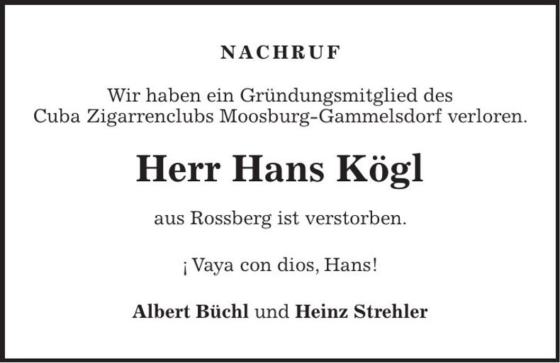 Traueranzeige Hans Kögl