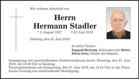 Traueranzeige Hermann Stadler