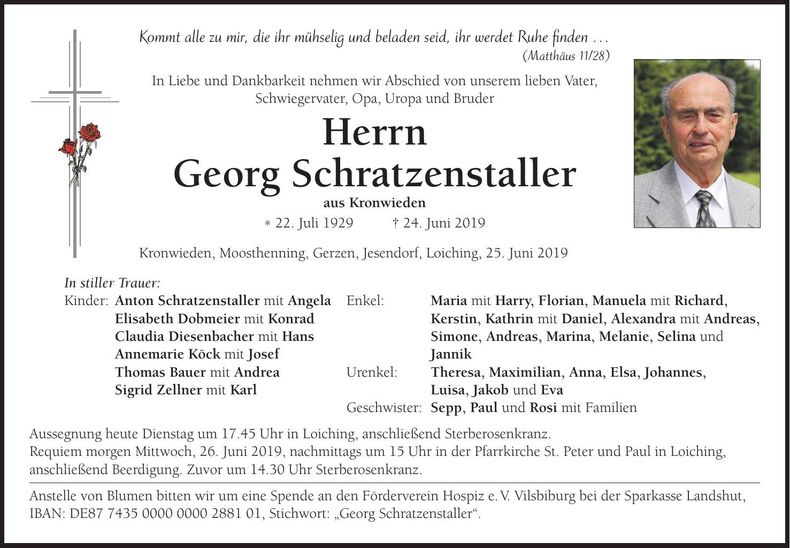 Traueranzeige Georg Schratzenstaller