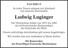 Traueranzeige Ludwig Luginger