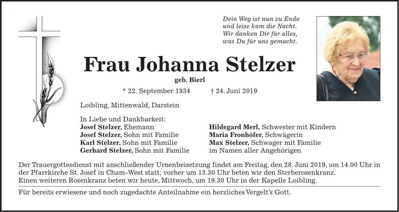Traueranzeige Johanna Stelzer