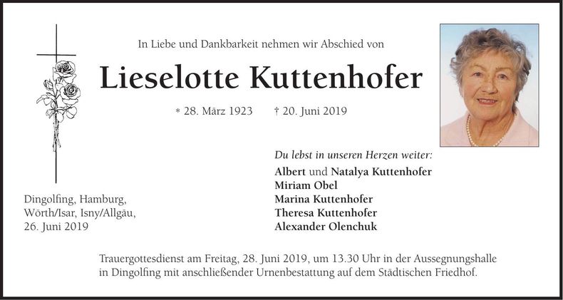 Traueranzeige Lieselotte Kuttenhofer