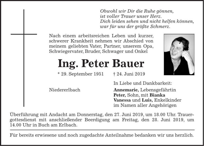 Traueranzeige Peter Bauer
