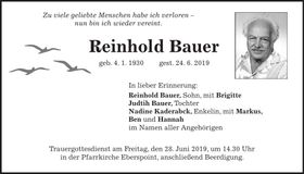 Traueranzeige Reinhold Bauer
