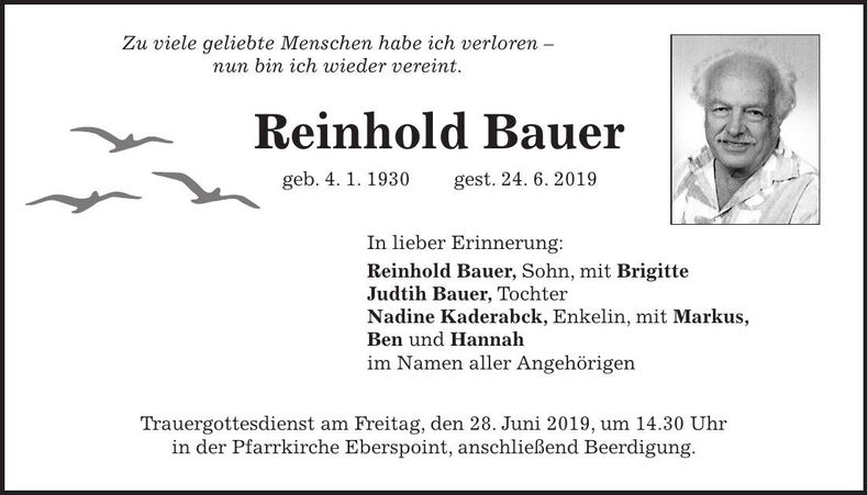Traueranzeige Reinhold Bauer