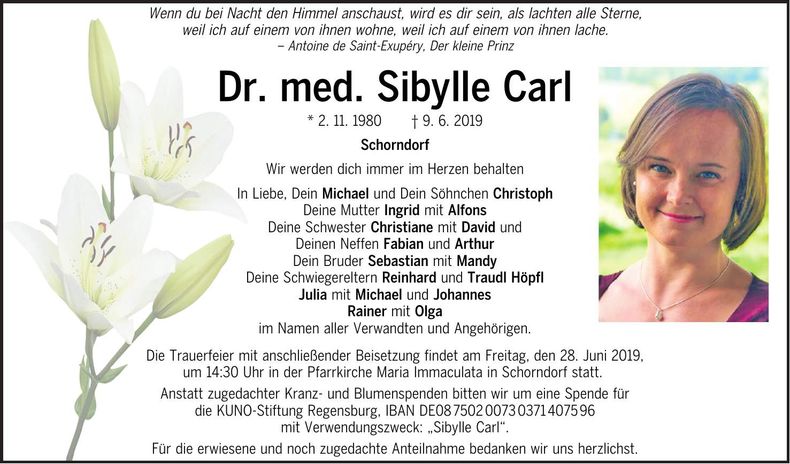 Traueranzeige Sibylle Carl
