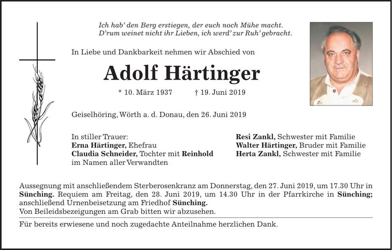 Traueranzeige Adolf Härtinger