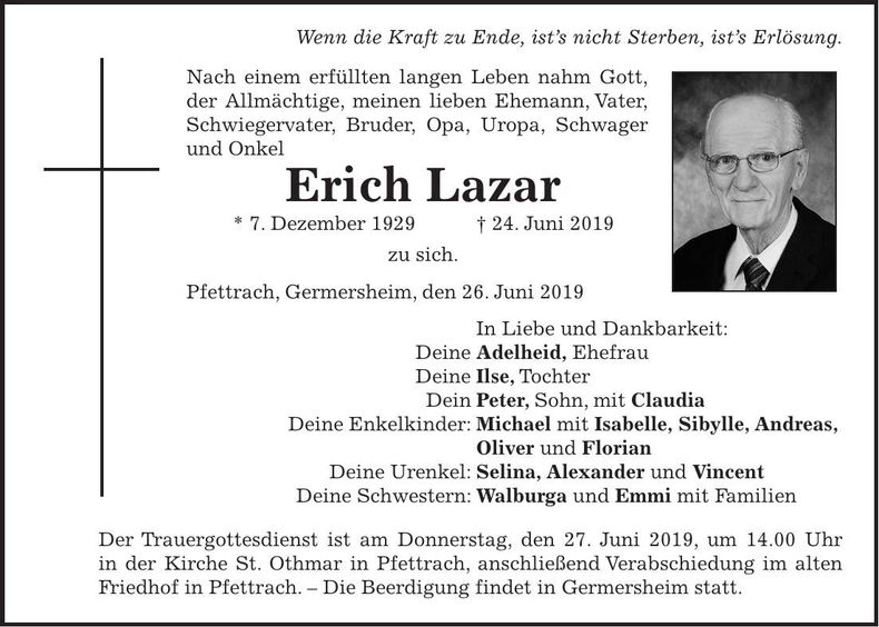 Traueranzeige Erich Lazar