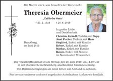 Traueranzeige Theresia Obermeier