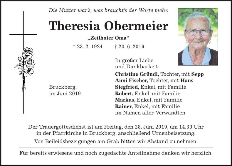 Traueranzeige Theresia Obermeier