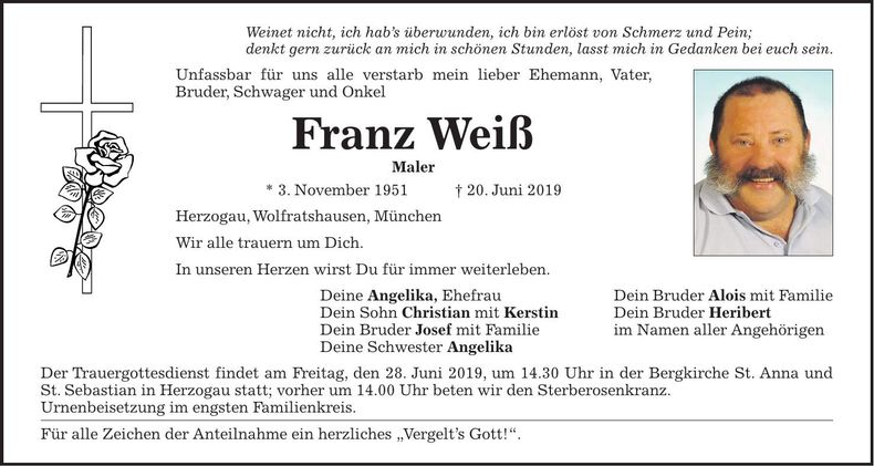 Traueranzeige Franz Weiß