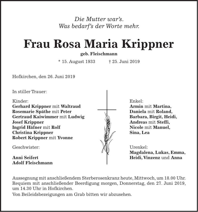 Traueranzeige Maria Krippner