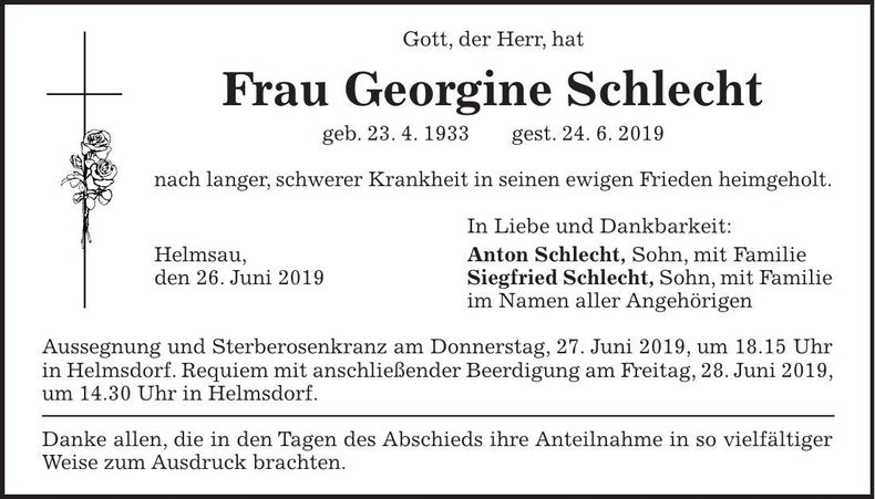 Traueranzeige Georgine Schlecht