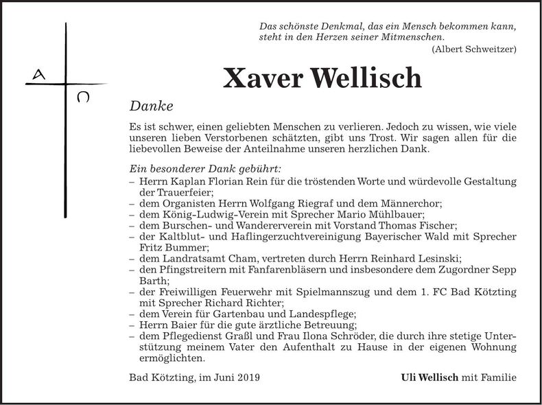 Traueranzeige Xaver Wellisch
