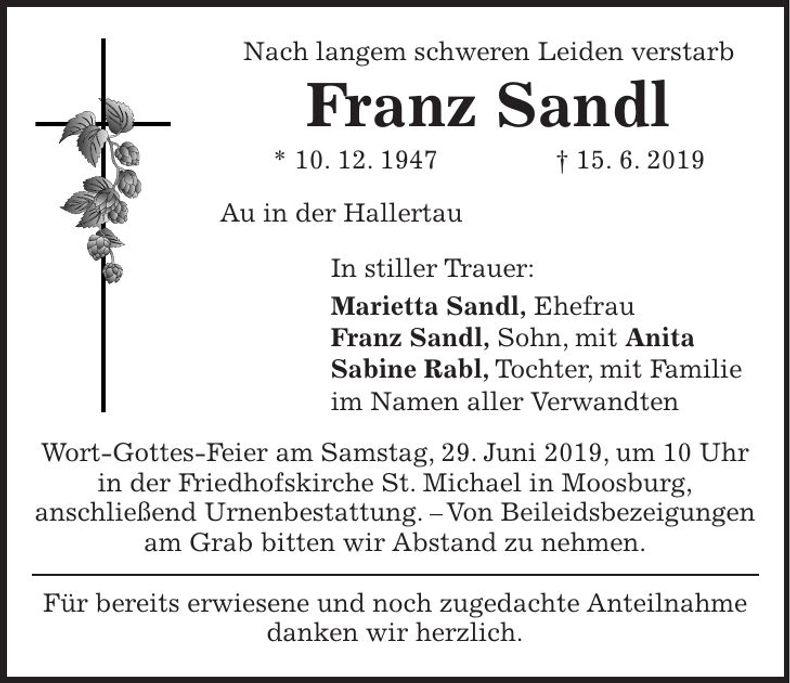 Traueranzeige Franz Sandl