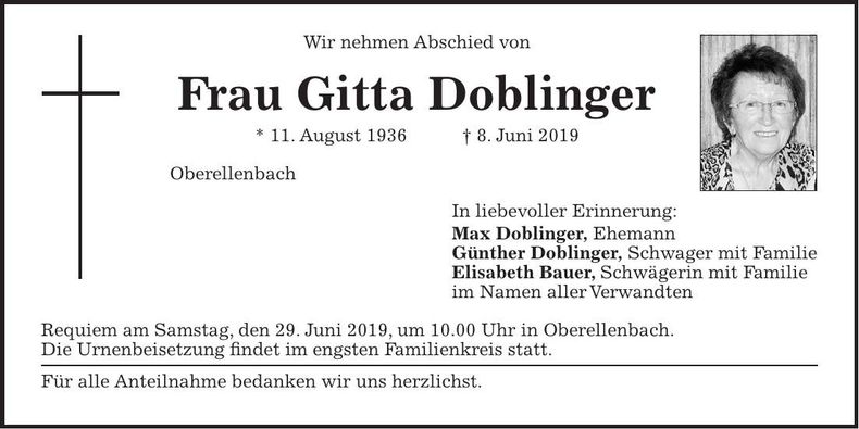 Traueranzeige Gitta Doblinger
