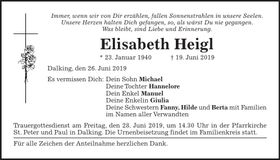 Traueranzeige Elisabeth Heigl