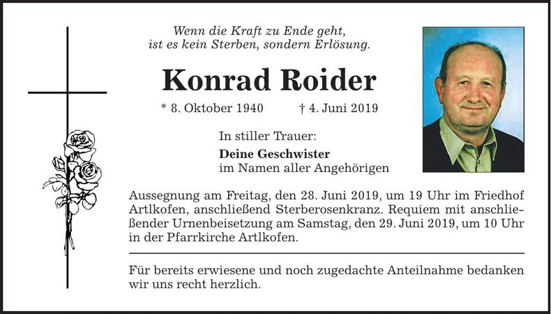 Traueranzeige Konrad Roider