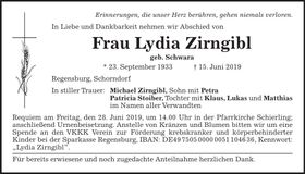 Traueranzeige Lydia Zirngibl