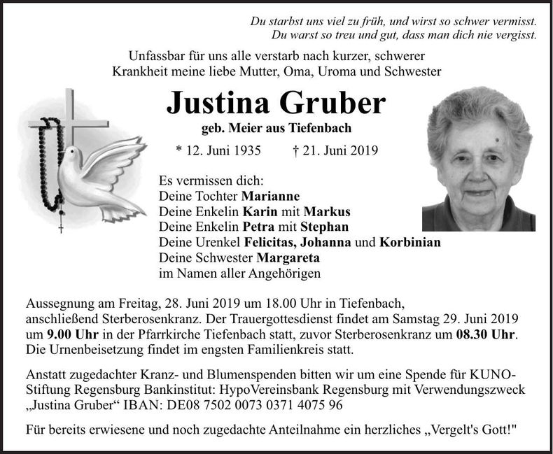 Traueranzeige Justina Gruber