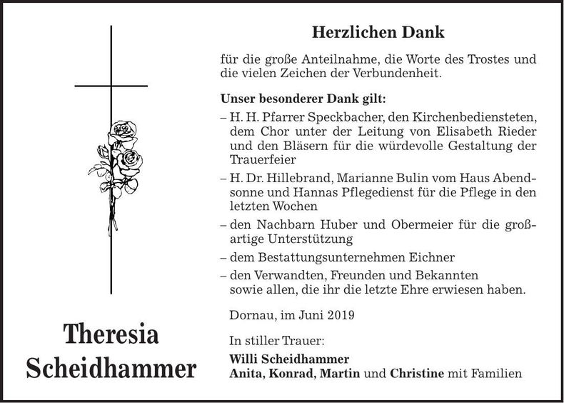 Traueranzeige Theresia Scheidhammer