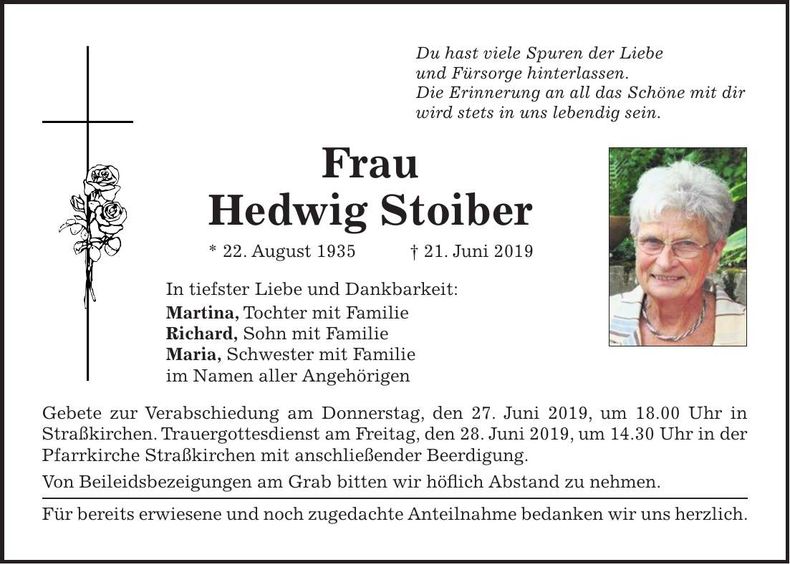 Traueranzeige Hedwig Stoiber