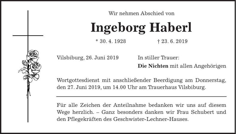 Traueranzeige Ingeborg Haberl