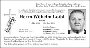 Traueranzeige Wilhelm Loibl