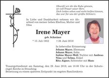 Traueranzeige Irene Mayer